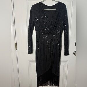 Black Sequin Wrap-Front Long Sleeve Fringe Dress